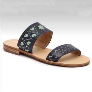 Jack Rogers Adair Two Strap Leather Slide Navy and Mint Leather Sandals
